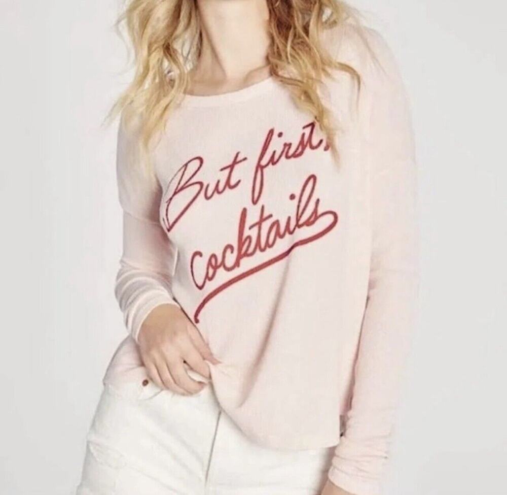 Wildfox Sz S But First Cocktails Sweatshirt Pink Pullover Soft Girl Brunchcore